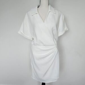 Zara White Wrap Mini Dress Collar Gathered Buttons Soft Stretch Size M